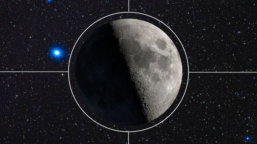 The moon is pictured with its right half lit and its left lost in shadow, surrounded by a white circle with four lines branching outward. A bright blue star is visble to the left of the lunar disk.