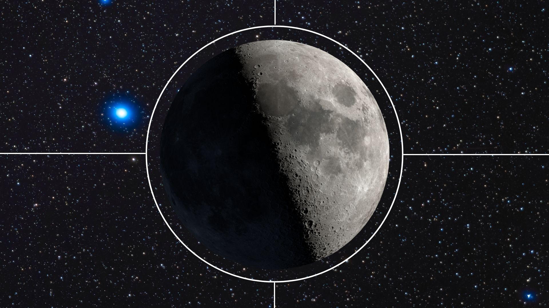 The moon is pictured with its right half lit and its left lost in shadow, surrounded by a white circle with four lines branching outward. A bright blue star is visble to the left of the lunar disk.