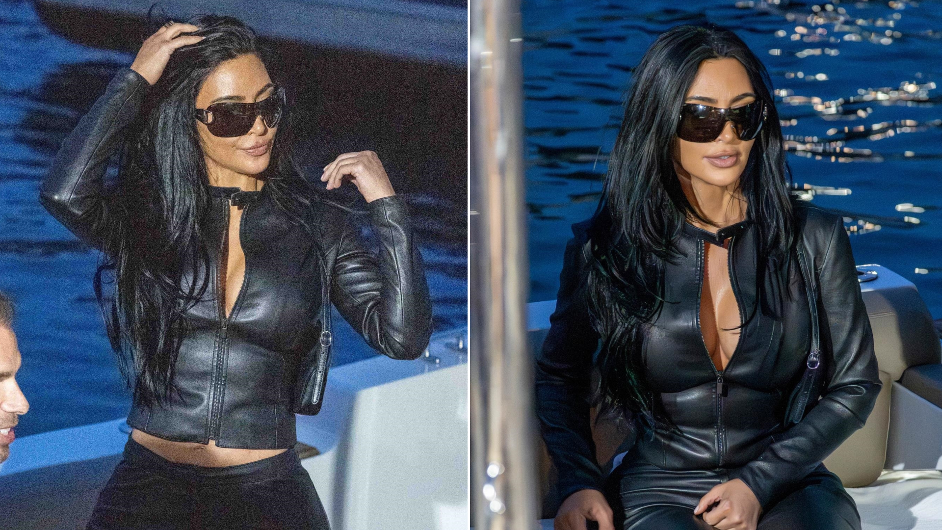 Kim Kardashian wears a two-piece leather Gucci racing suit and carries a matching Gucci bag to support boyfriend Lewis Hamilton at the Monaco Grand Prix