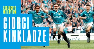 Giorgi Kinkladze celebrates for Manchester City in the 1990s at Maine Road in there blue home Kappa kit