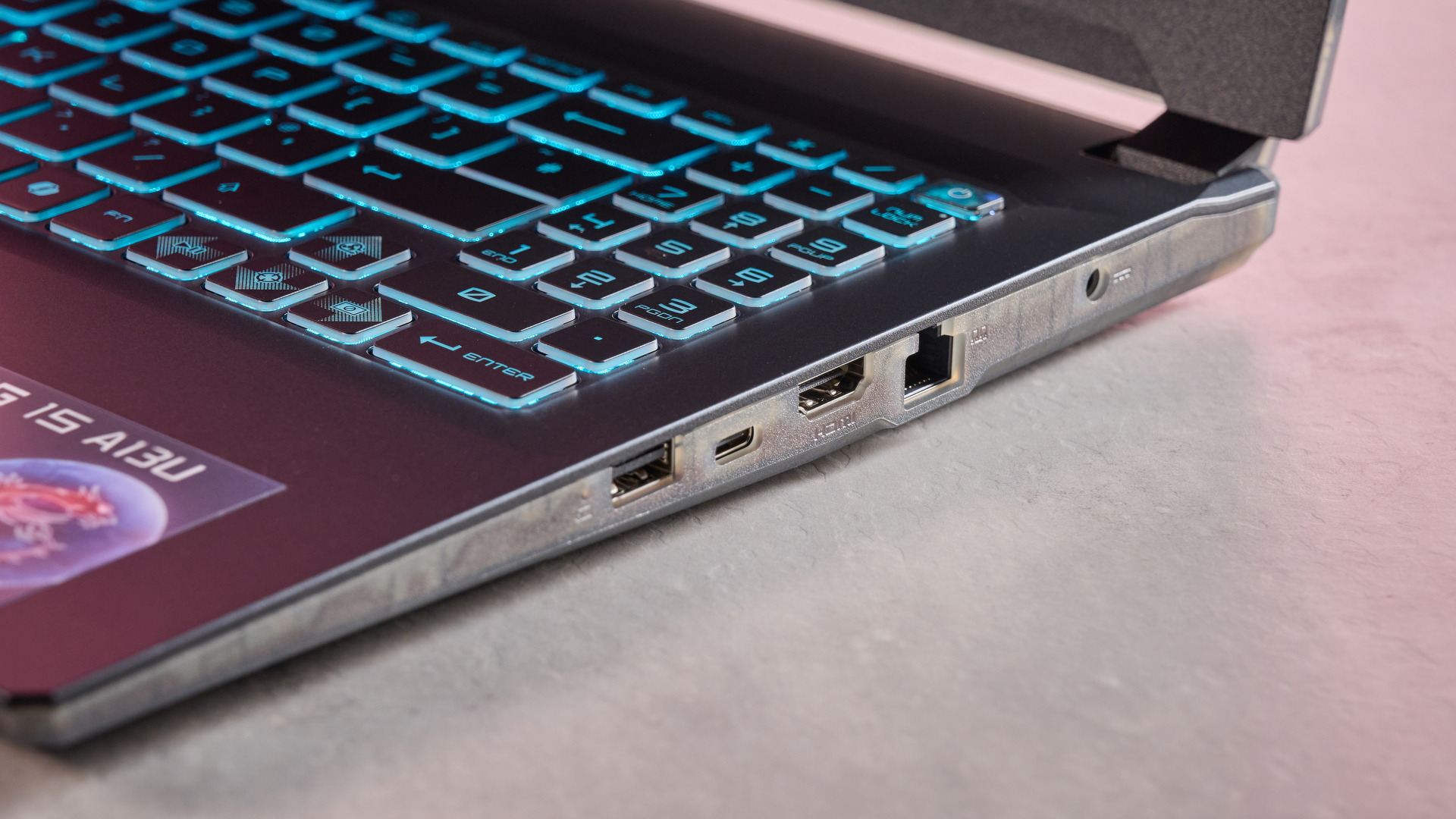 Close-up of right-side ports on the MSI Cyborg 15 on a desk