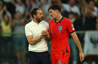 Gareth Southgate, Head Coach of England, interacts with Harry Maguire of England following the UEFA EURO 2024 European qualifier match between Ukraine and England at Stadion Wroclaw on September 09, 2023 in Wroclaw, Poland. (Photo by Eddie Keogh - The FA/The FA via Getty Images)