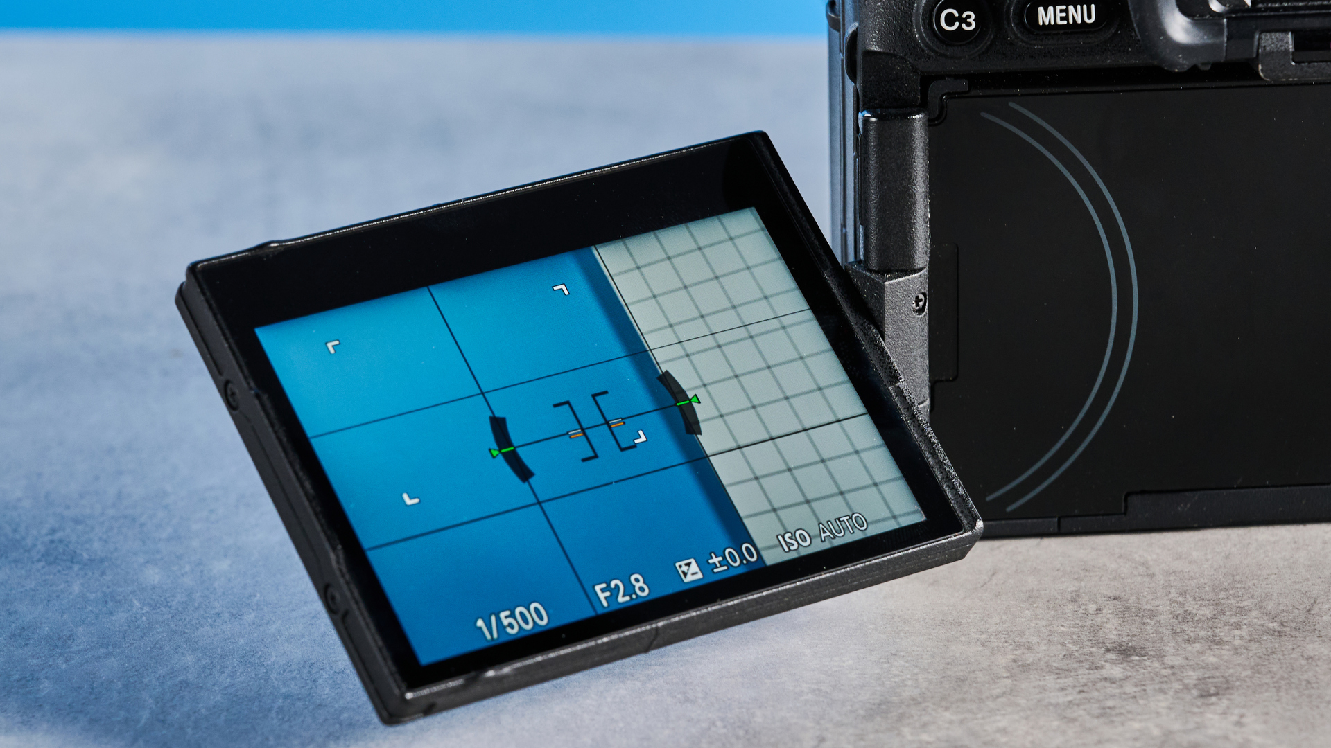 The Sony A7R V with its screen showing