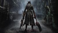 Bloodborne screenshot of The Hunter player-character with their back to us, wielding a bladed in their right hand and an a ranged weapon in their left
