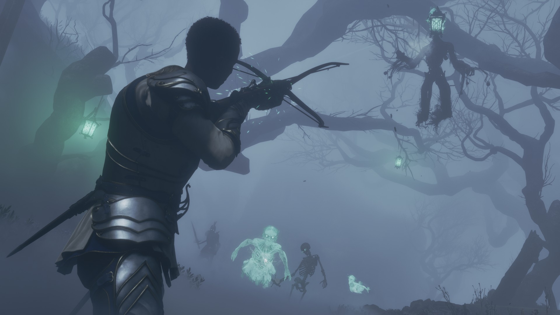 The Hero takes aim at oncoming spirits and undead enemies in Fable (2027) for Xbox Series X in the middle of a foggy forest made up of dead trees
