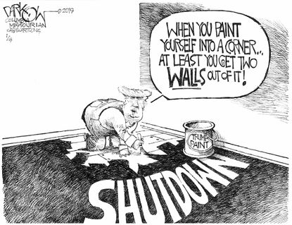 Political cartoon U.S. Trump wall government shutdown paint into corner