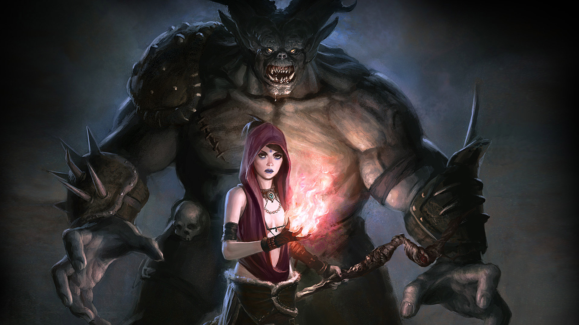 Morrigan, the Witch of the Wilds in the Dragon Age serries, shown wielding magic in front of a Darkspawn.