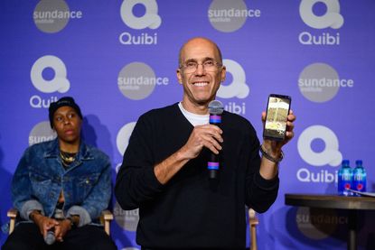 Jeffrey Katzenberg demonstrates Quibi's Turnstyle technology at Sundance 2020 on January 24, 2020 in Park City, Utah.