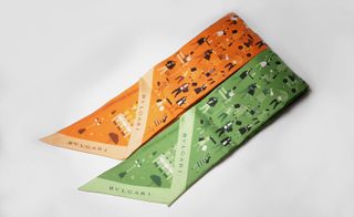 Orange and Green silk scarves with 'Bulgari' and designs printed