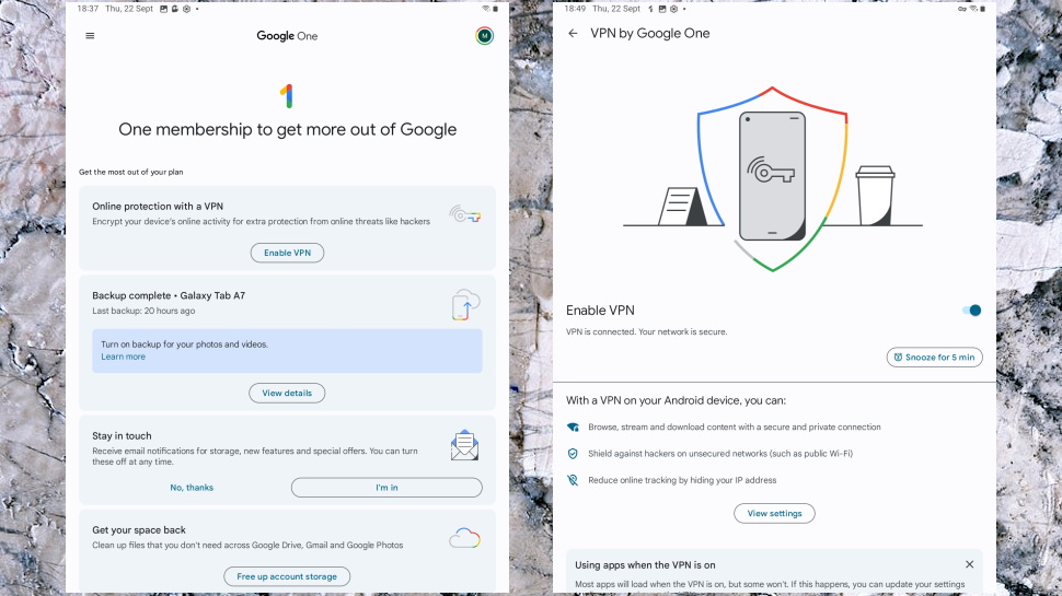 Et skærmbillede af Google One VPN’s brugergrænseflade