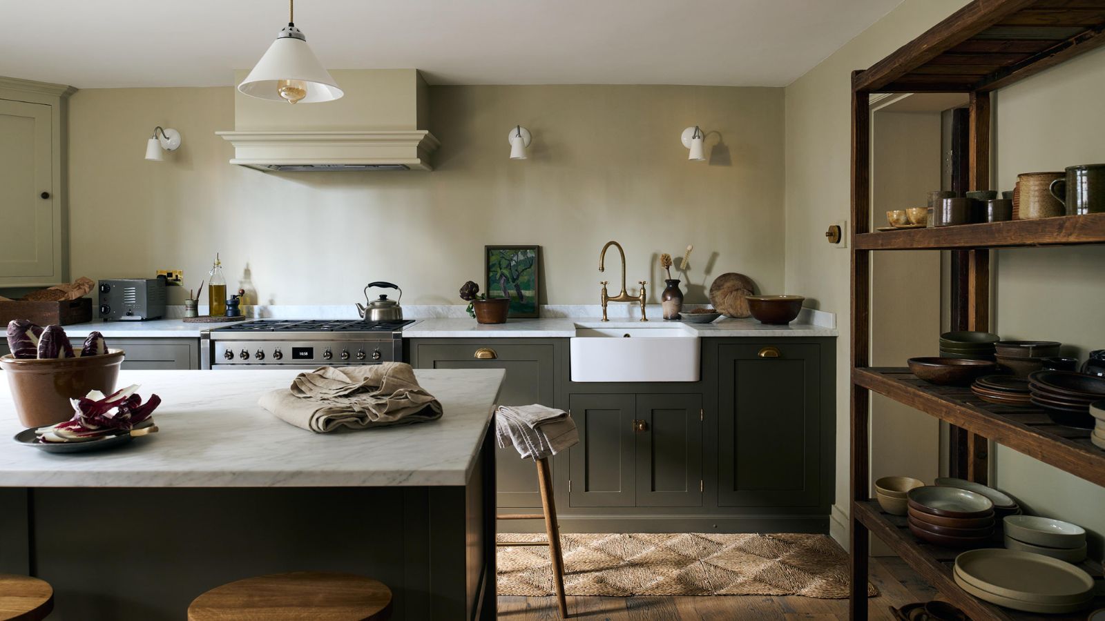 Neutral kitchen with island and open shelving