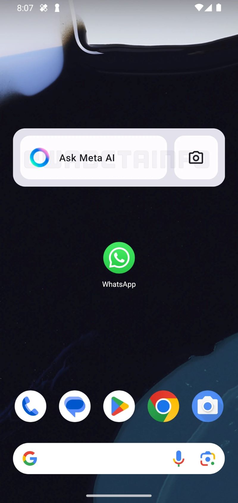 Meta AI widget on the home screen showing access to Meta AI and a camera button