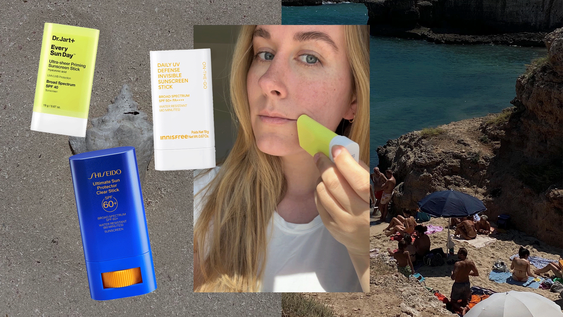 A GIF of beauty editor Kaitlyn McLintock applying a sunscreen stick against a beachy background.