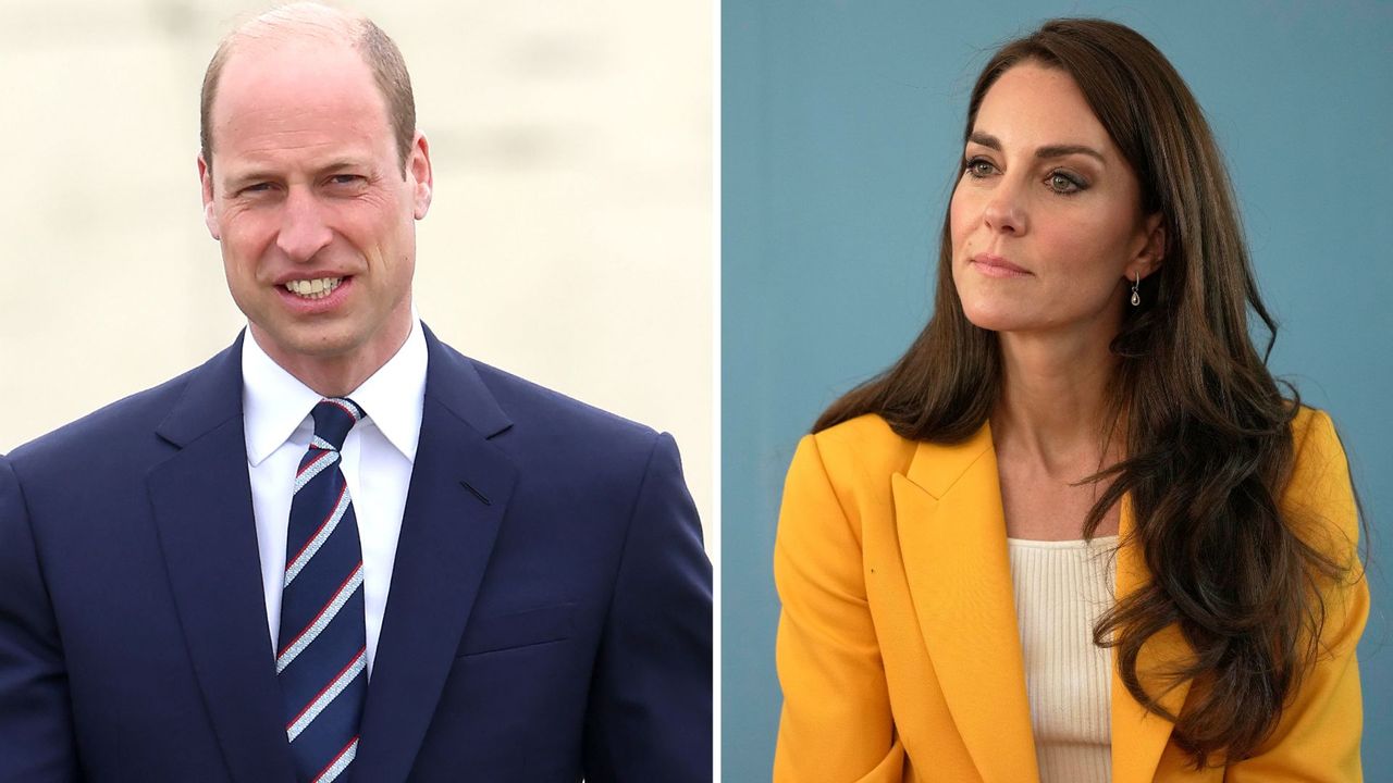 Composite of Prince William at the Army Aviation Centre in 2024 and Kate Middleton listening as she visits the Dame Kelly Holmes Trust in 2023 