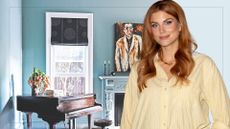 picture of light blue room with art and decor with cut out of ashley james over top