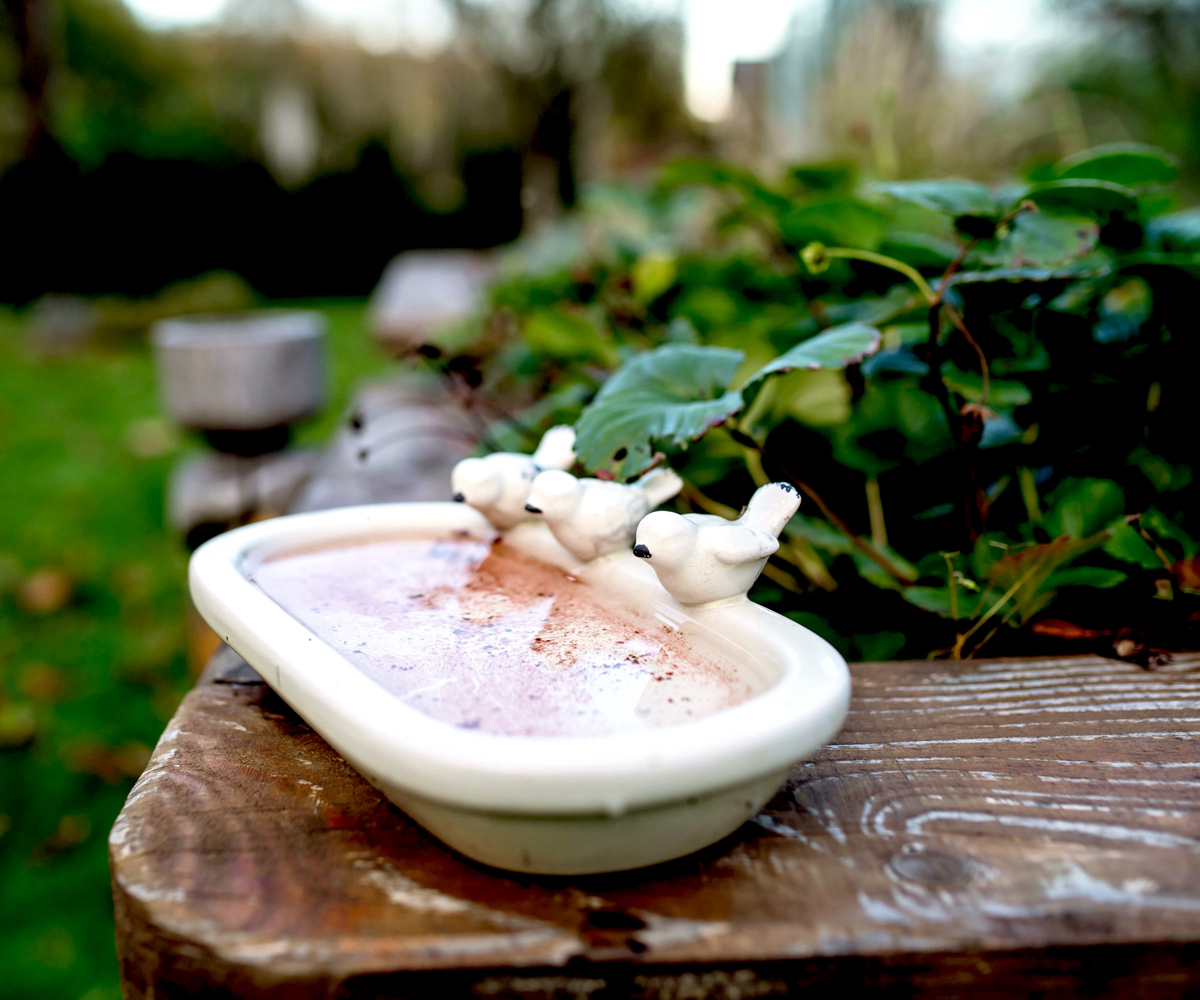 white bird bath on raised bed in garden