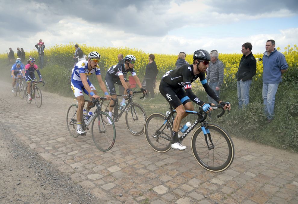 Bradley Wiggins (Team Sky) sets the pace in Paris-Roubaix