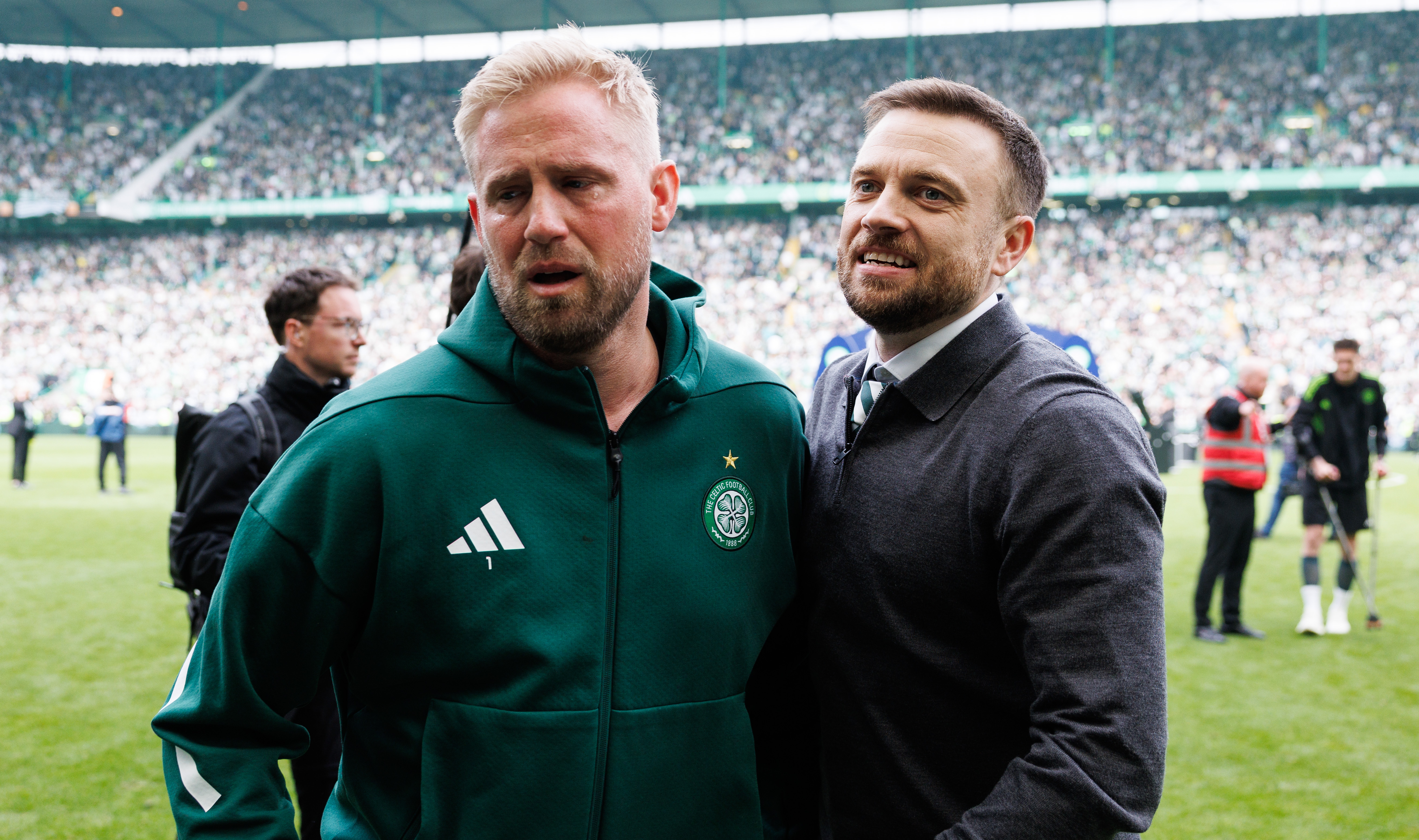 Celtic's Kasper Schmeichel (L) with Celtic First Team Operations Manager Brendan O'Nell at full time of a William Hill Premiership match between Celtic and Heart of Midlothian