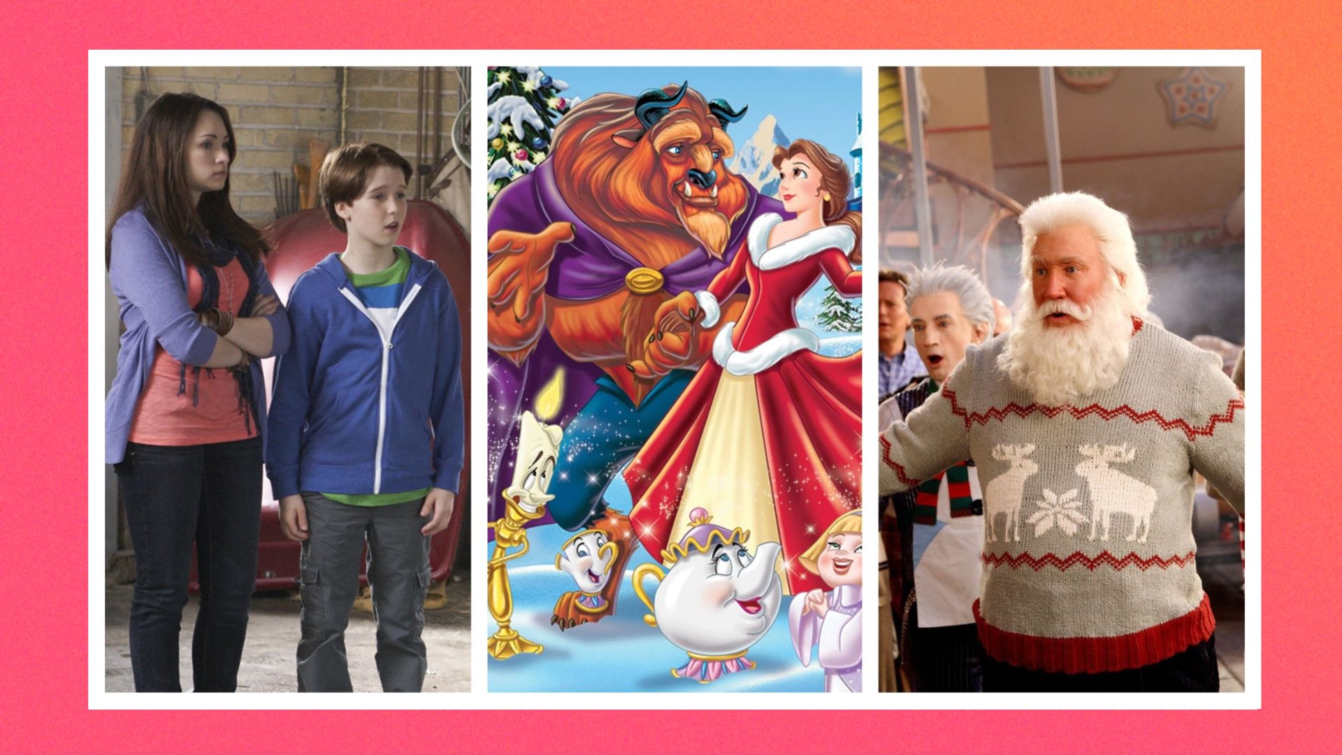 Three images from films sliced together, from left to right: Home Alone Holiday Heist / Beauty and the Beast: Enchanted Christmas / The Santa Clause 3 