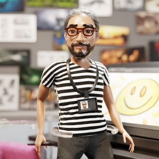 Framestore Barbie VFX; a doll of a man stood at a drawing desk