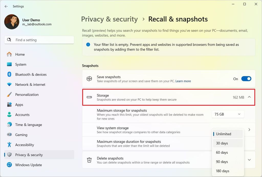 Windows Recall storage settings