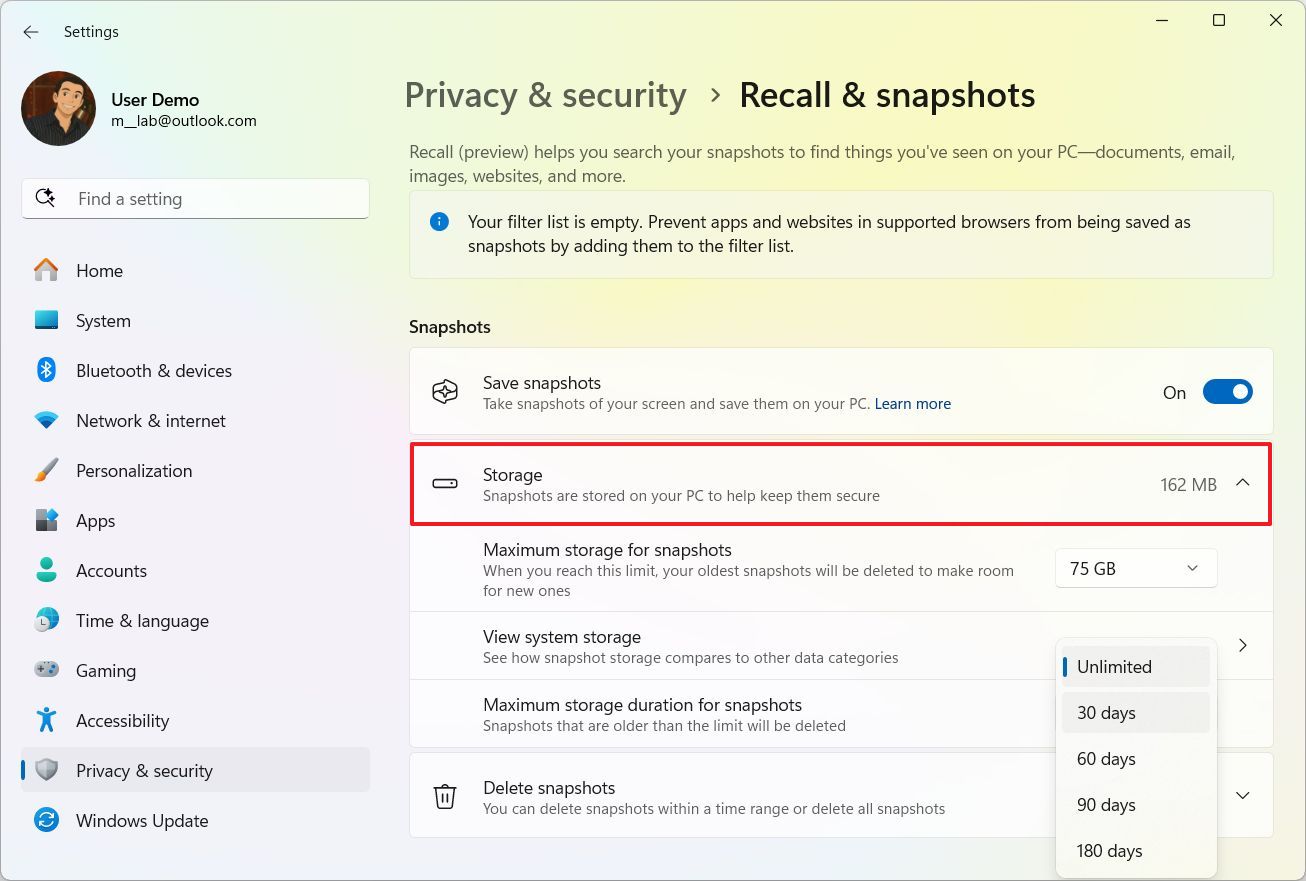 Windows Recall storage settings