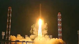 A Zenit rocket launches into space carrying Russia's Phobos-Grunt spacecraft oward Mars on a mission to collect samples of the Martian moon Phobos. Liftoff occured on Nov. 9, 2011 Local Time from Baikonur Cosmodrome in Kazakhstan (Nov. 8 EST). 