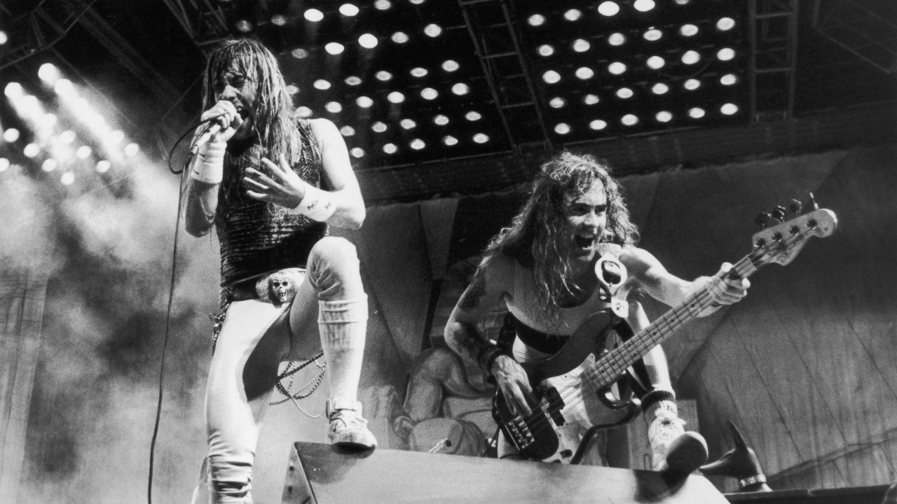 Bruce Dickinson and Steve Harris on stage together in the 80s