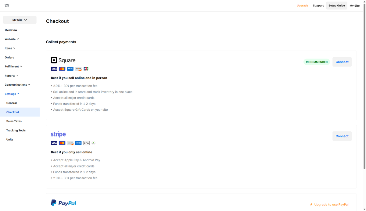Screenshot of Weebly payment processor options