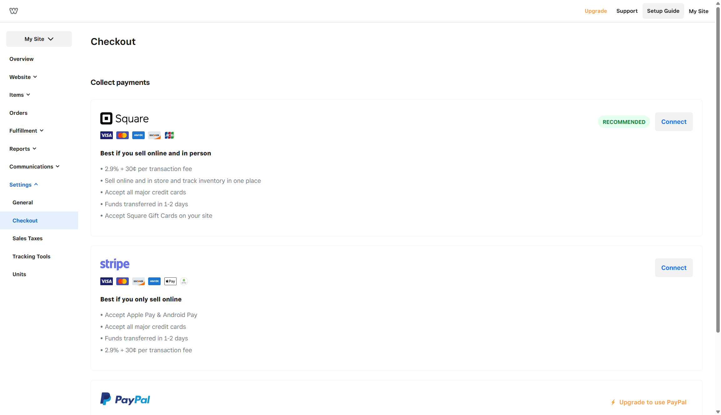 Screenshot of Weebly payment processor options