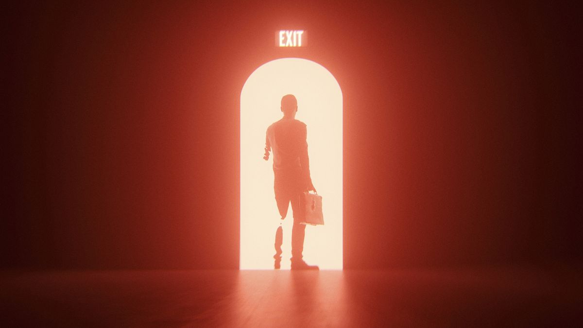 Man exiting through a glowing red door, holding his hopes in a briefcase