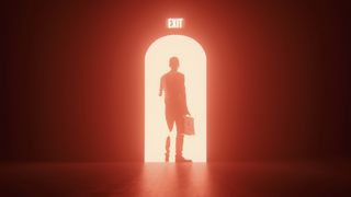 Man exiting through a glowing red door, holding his hopes in a briefcase