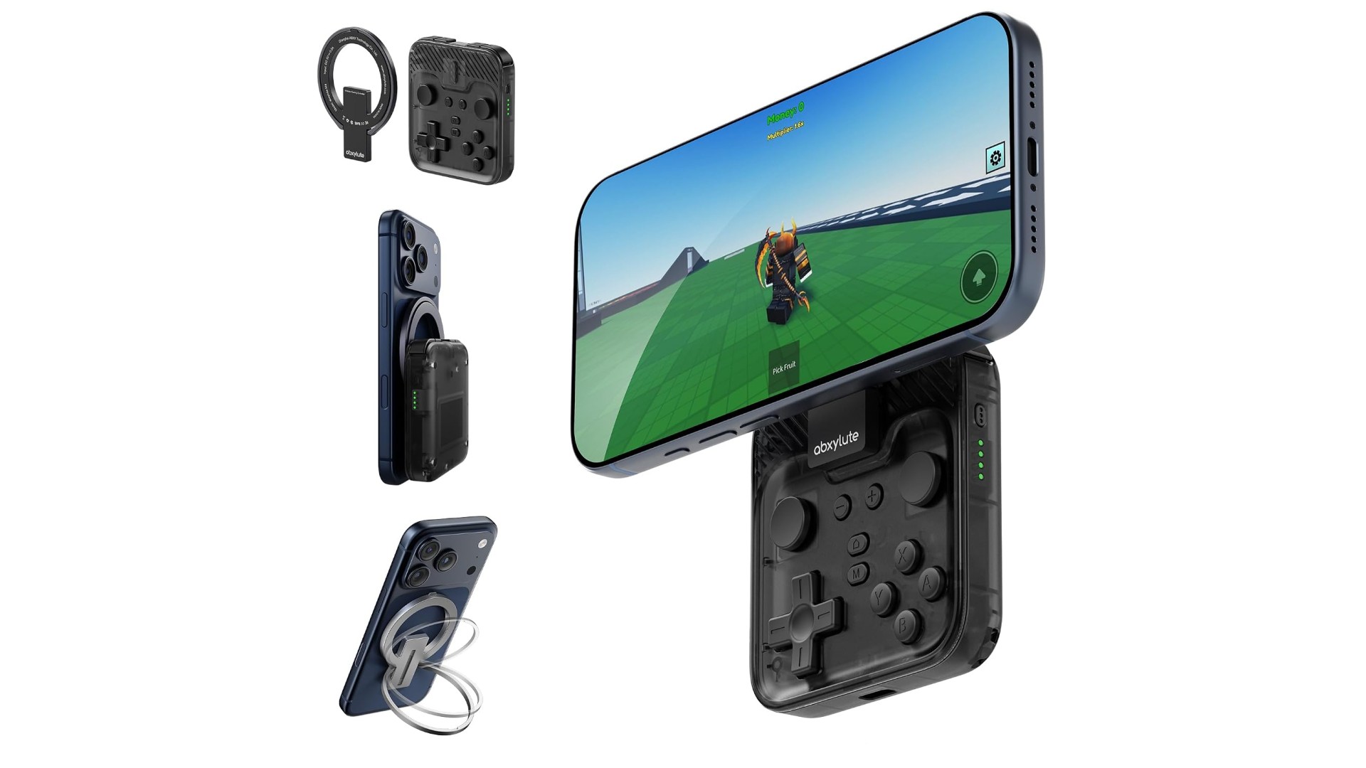 Abxylute M4 controller shown magnetically connecting to an iPhone