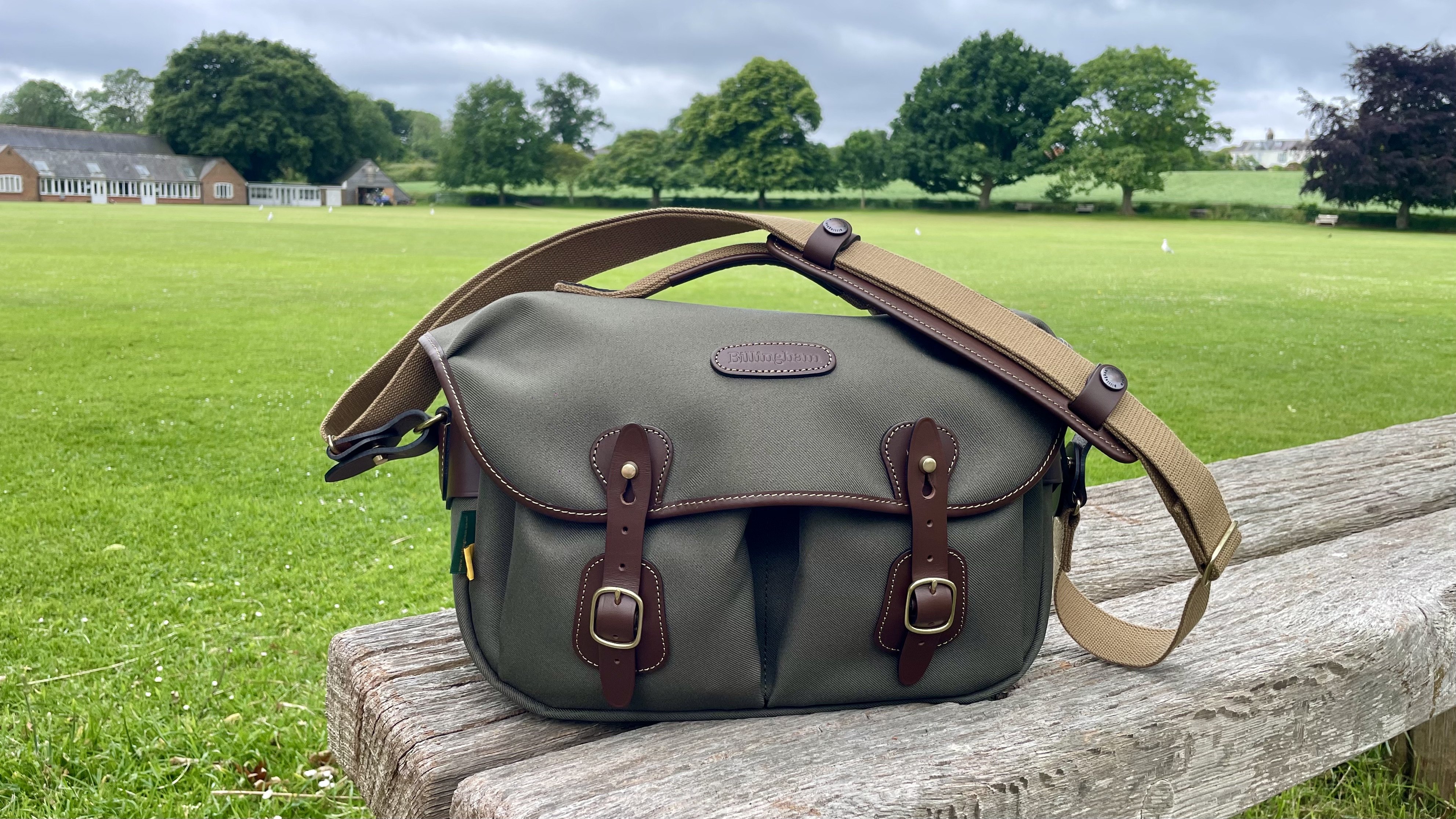 Billingham Hadley Pro 2020 camera bag outdoors on a park bench
