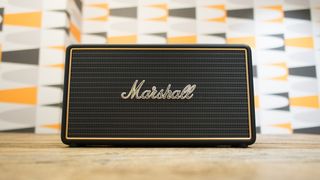 A Marshall Stockwell speaker sitting on a desk