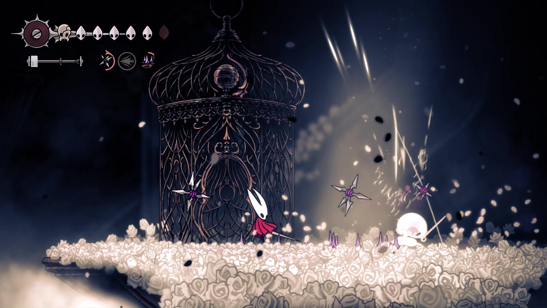 Hornet fights Lace in Hollow Knight: Silksong, who is being damaged by numerous poison traps