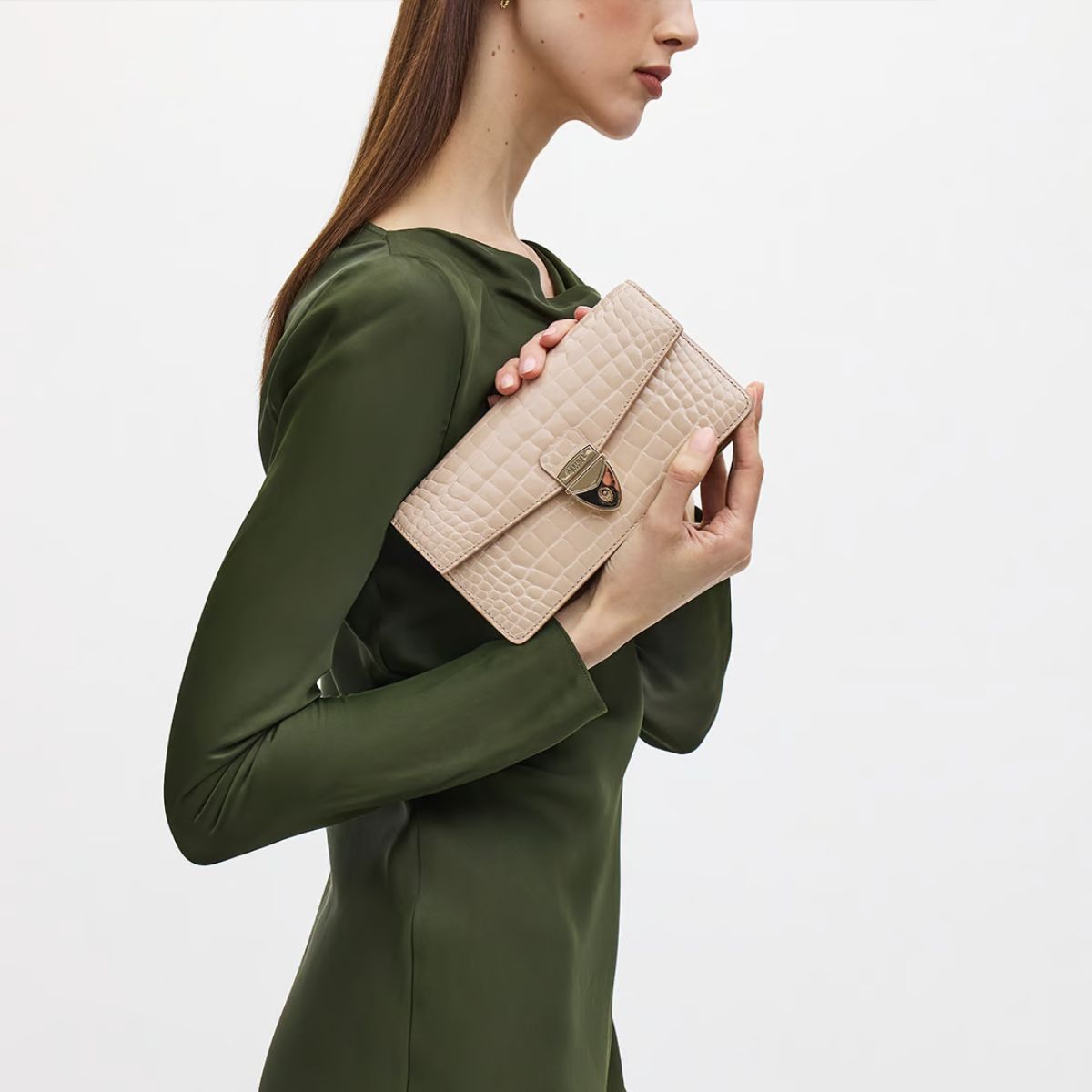 Aspinal of London, Mayfair 2 Clutch in Soft Taupe Patent Croc