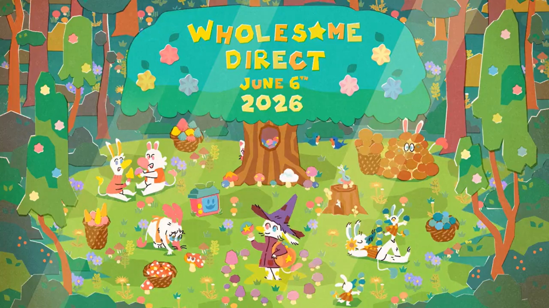 The Wholesome Direct 2026 thumbnail, featuring a woodland scene with a big tree, various woodland critters, and a little witch-like figure