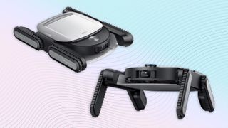 a composite image of the dreame bionic quadtrack stair climbing system on a blue and purple background