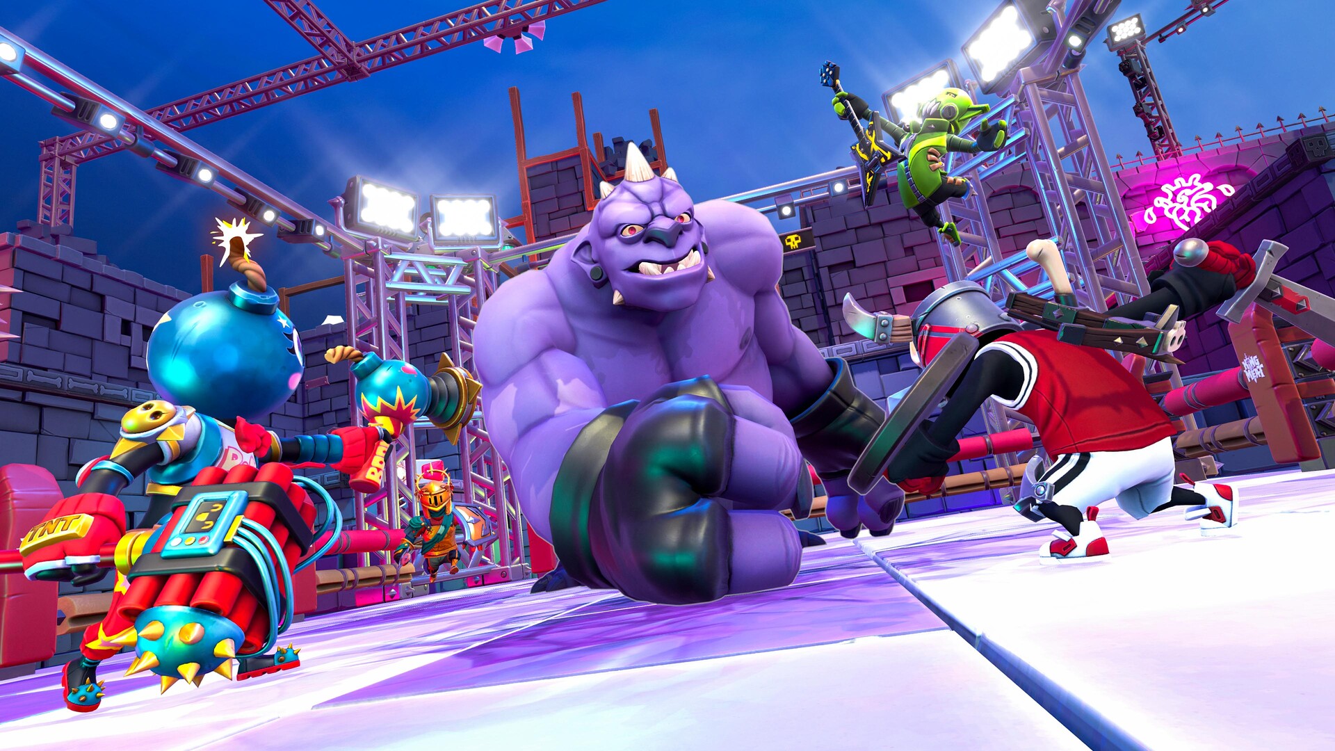 King of Meat screenshot of players who take the form of cartoonish knights and figures made out of bombs fight against a giant purple ogre-like figure in a boxing ring