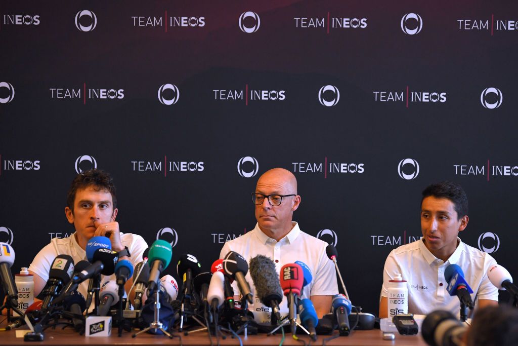 Geraint Thomas with David Brailsford and Egan Bernal