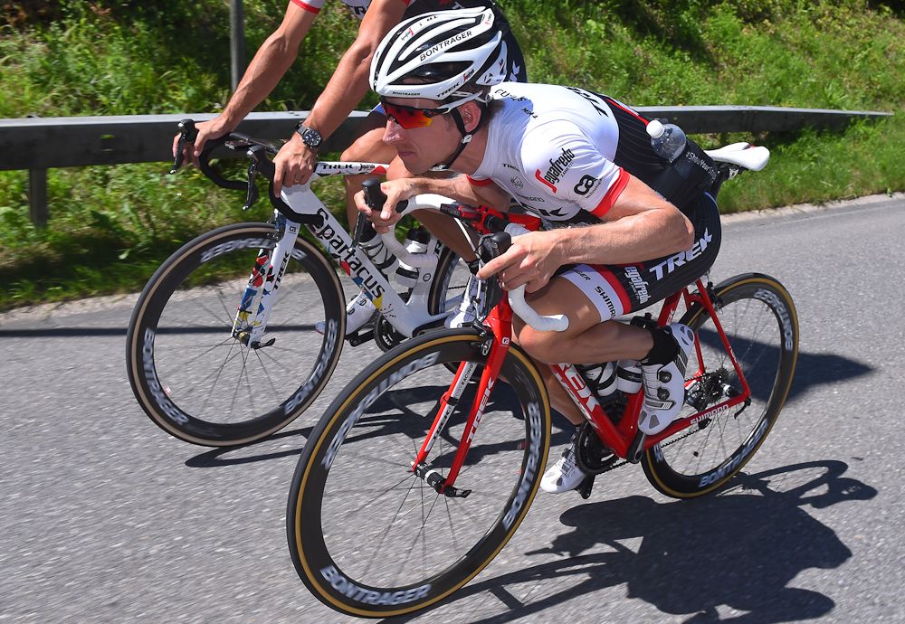 Bauke Mollema practices his super tuck.