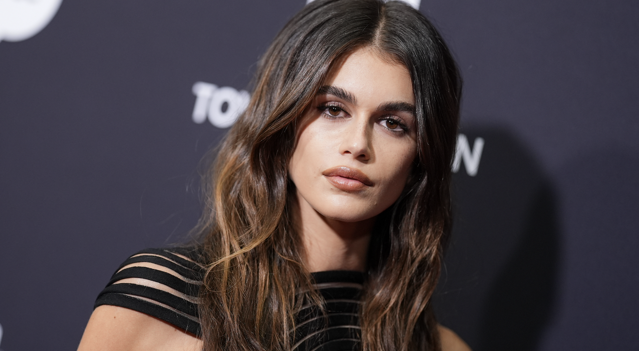 Kaia Gerber at TIME100 Next held at Current at Pier 59 on October 09, 2024 in New York, New York wearing a black mini dress 