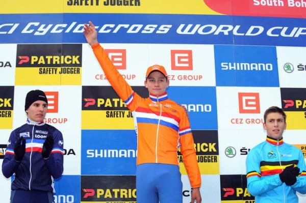 The Junior men's podium in Tabor: Quentin Jauregui (Fra), Mathieu Van Der Poel (Ned), Daan Hoeyberghs (Bel)