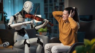 A person is not happy with the violin music a robot is playing.