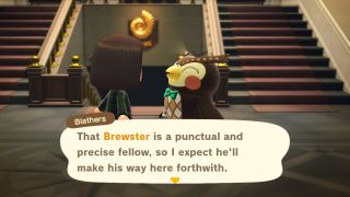 Blathers speaking about Brewster's arrival in Animal Crossing: New Horizons