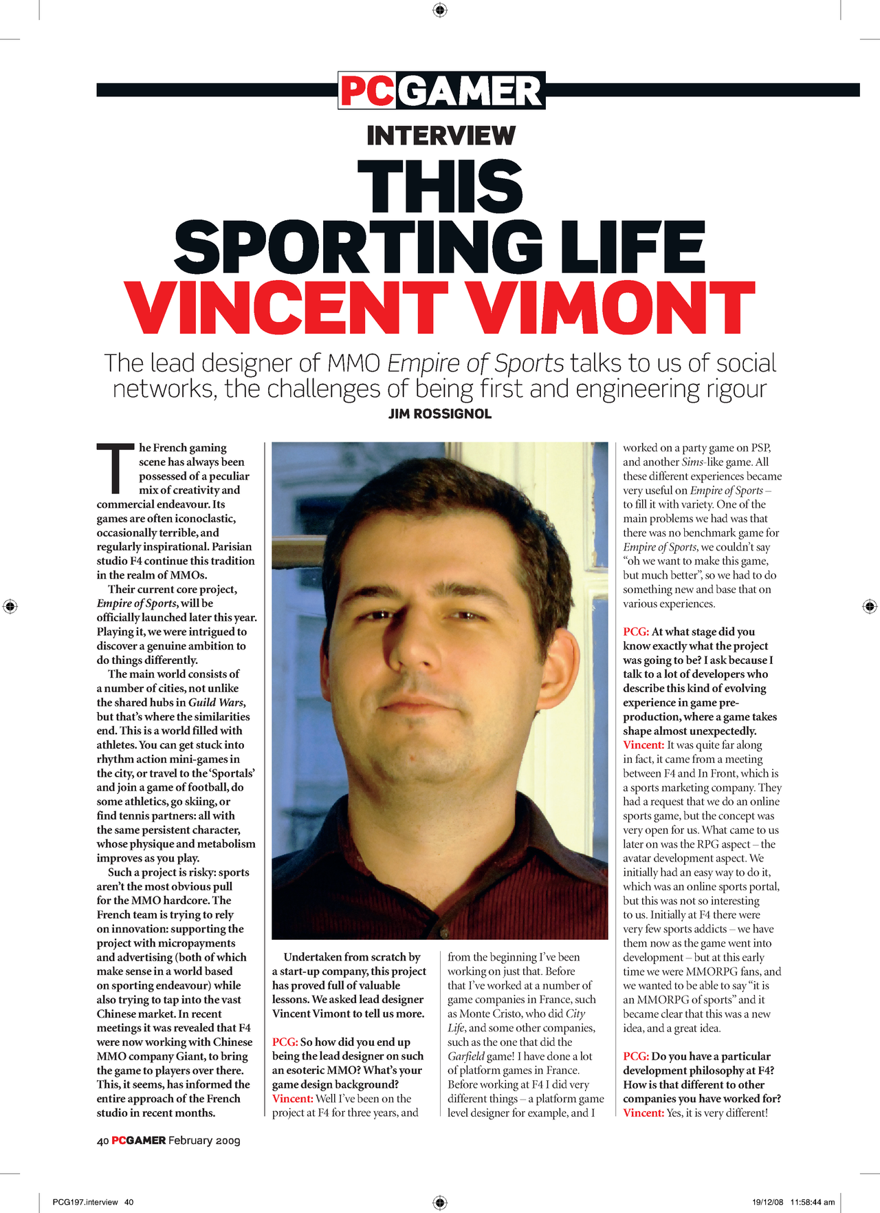 Two pages from the PC Gamer magazine, issue 197, wherein Vincent Vimont is interviewed about an MMO.