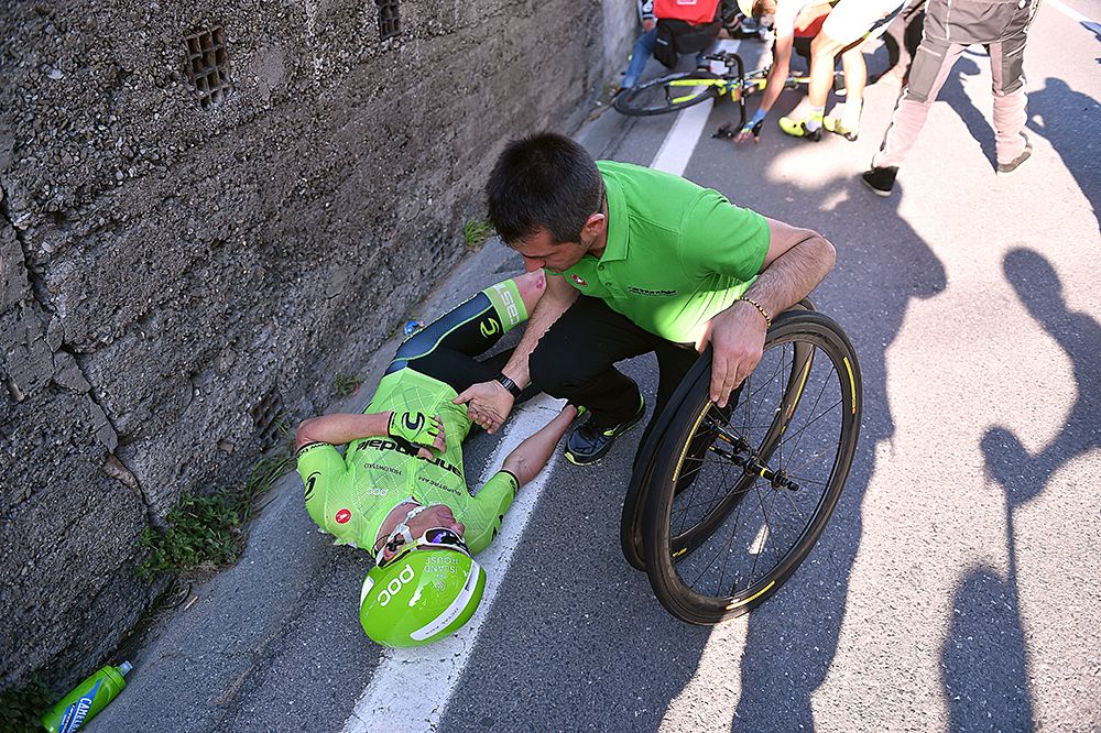 Simon Clarke (Cannondale) crashed hard but there were no broken bones for the Australian