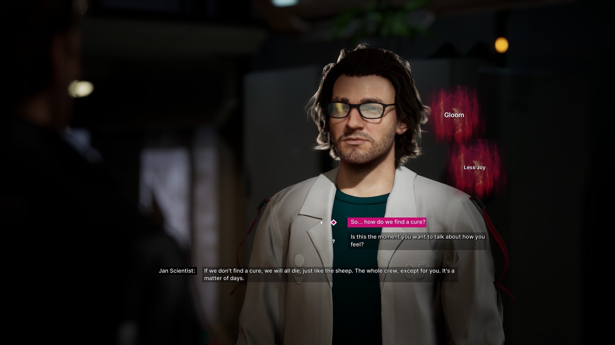 The Alters screenshot of Jan Scientist saying "If we don't find a cure, we will all die, just like the sheep. The whole crew, except for you. It's a matter of days."