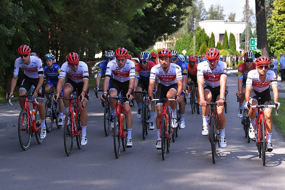 Trek-Segafredo take their turn at the front of a neutralised stage 4 at the Tour de Pologne in memory of Bjorg Lambrecht